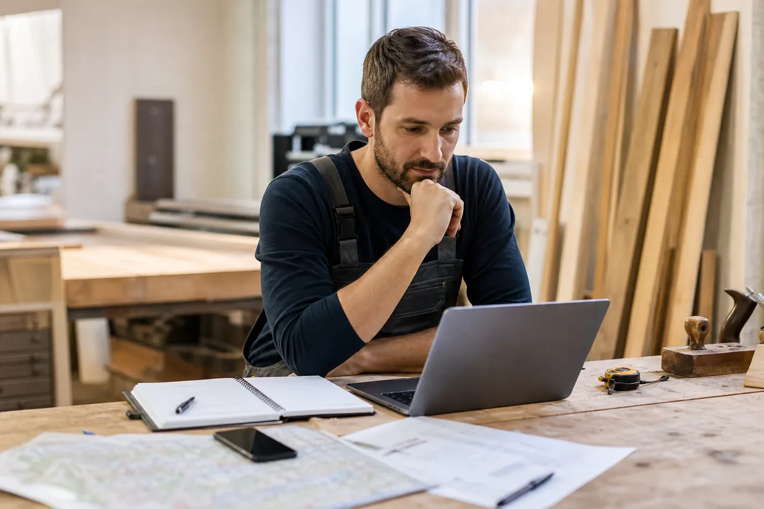 Artisan consultant une stratégie de netlinking sur ordinateur