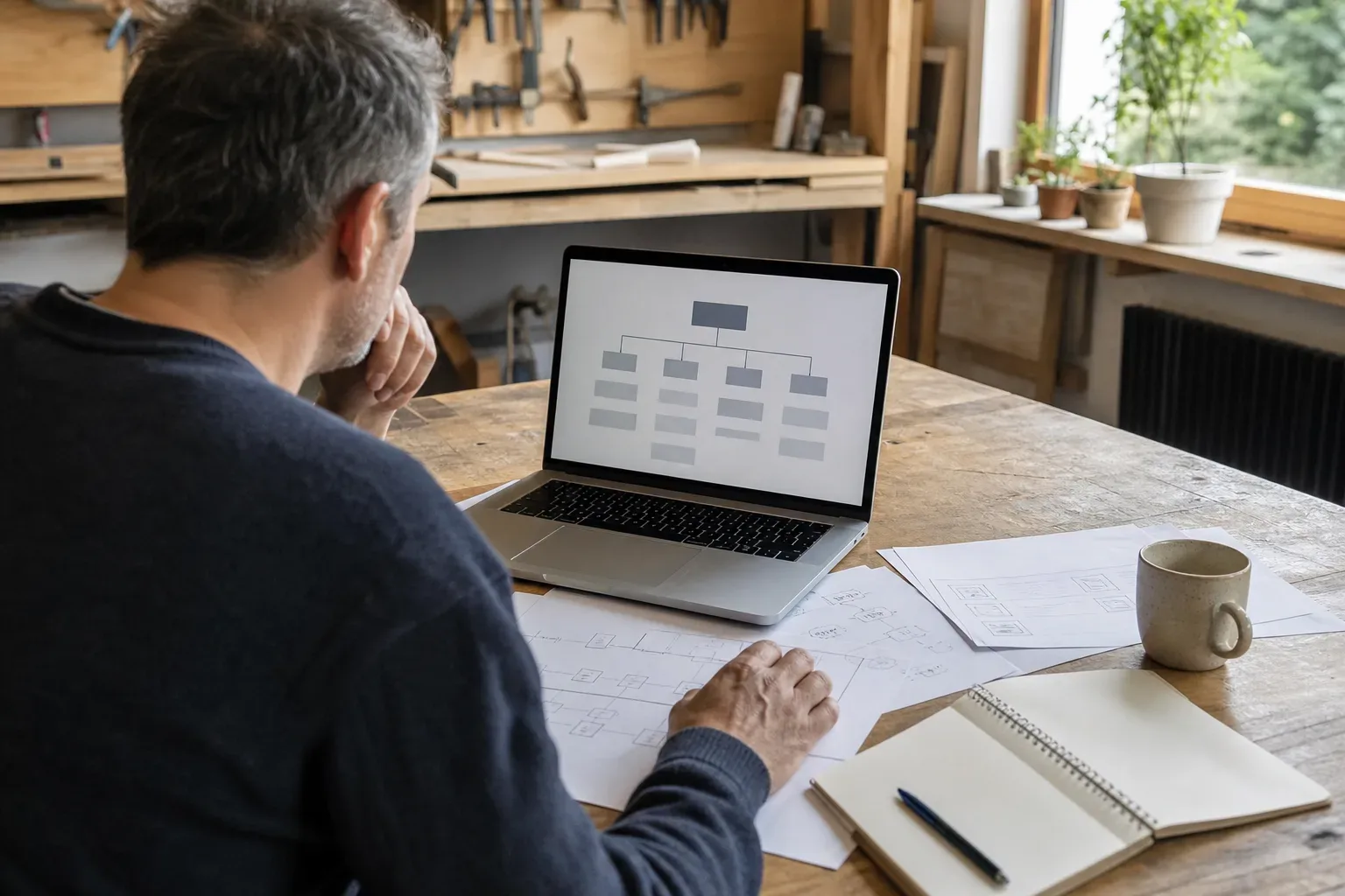 Artisan consultant l’arborescence de son site sur ordinateur dans son atelier