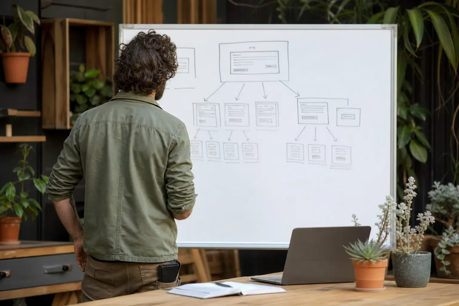 Artisan devant une arborescence de site dessinée au tableau blanc