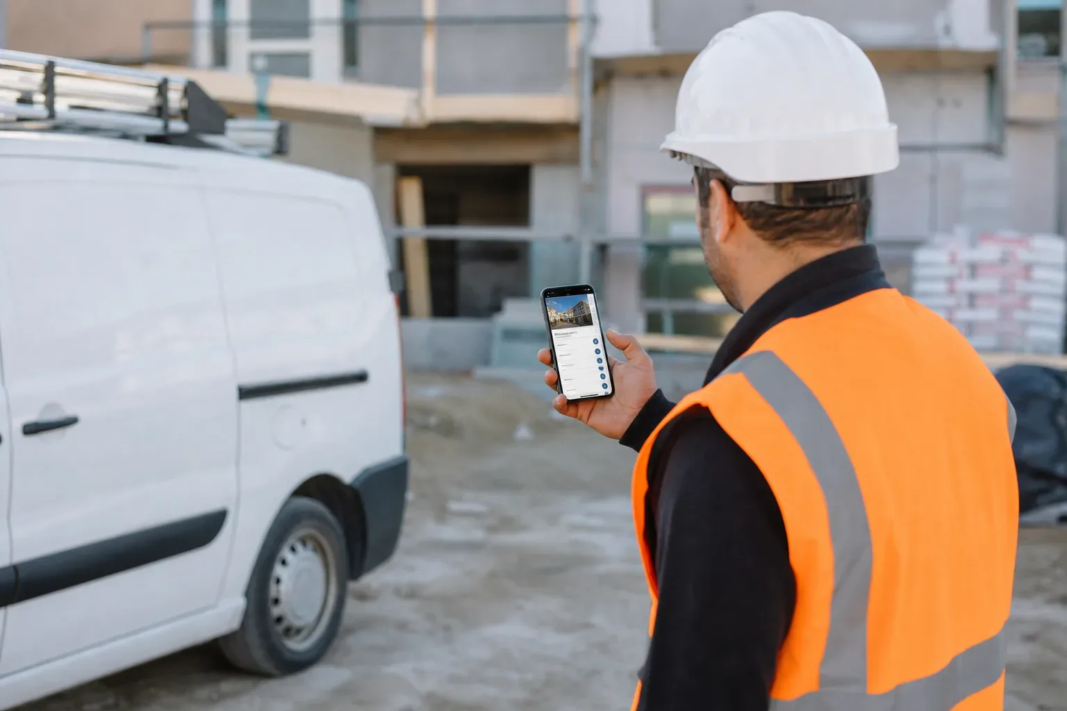Artisan du BTP consultant sa visibilité locale sur smartphone près d’un chantier