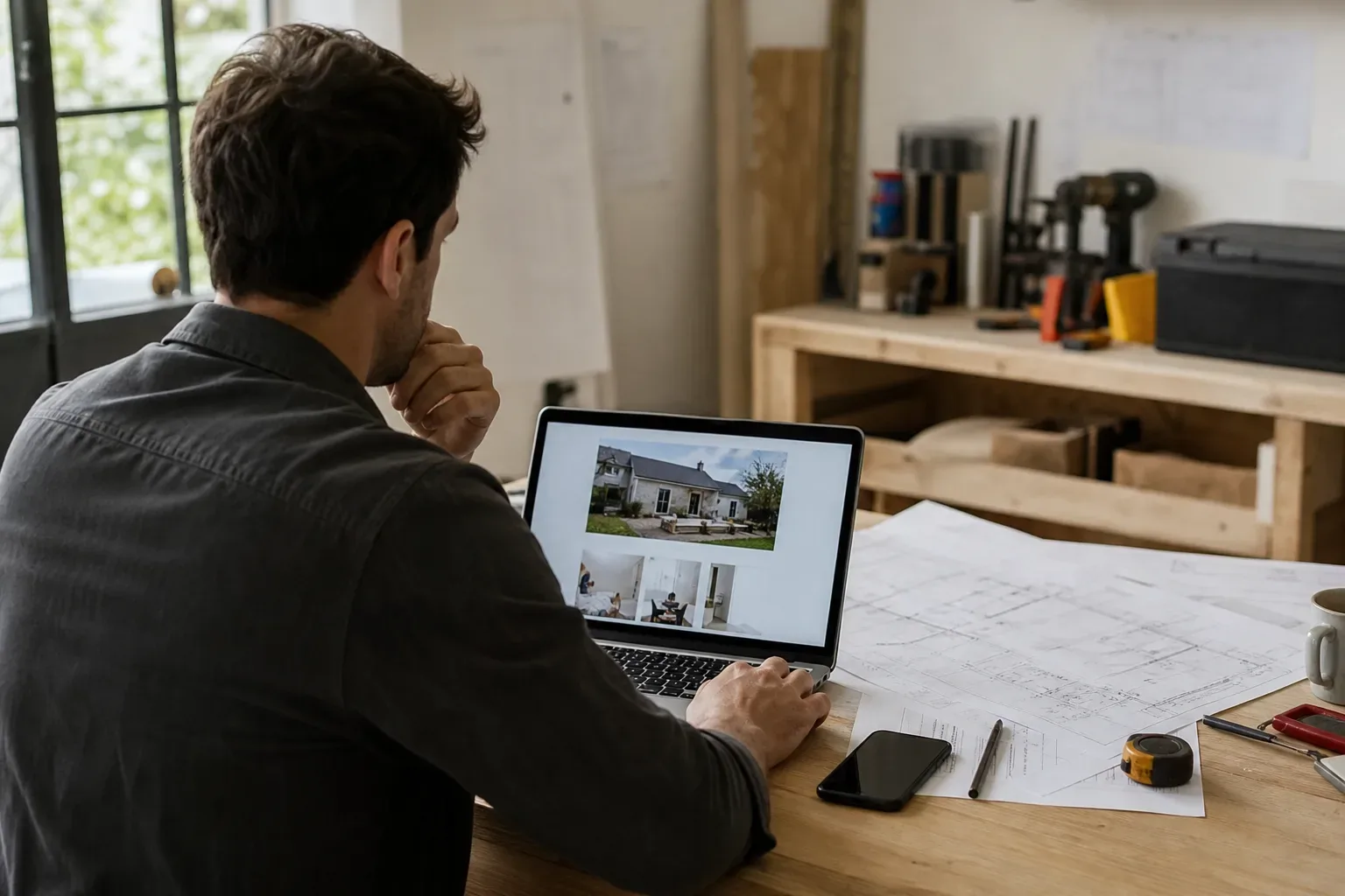 Artisan consultant son site web sur un ordinateur portable